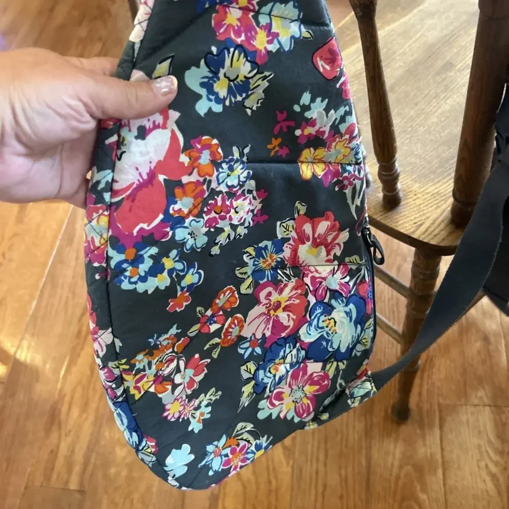 Vera Bradley Sling Backpack Pretty Posies Gray Pink Multi Floral Quilted Iconic